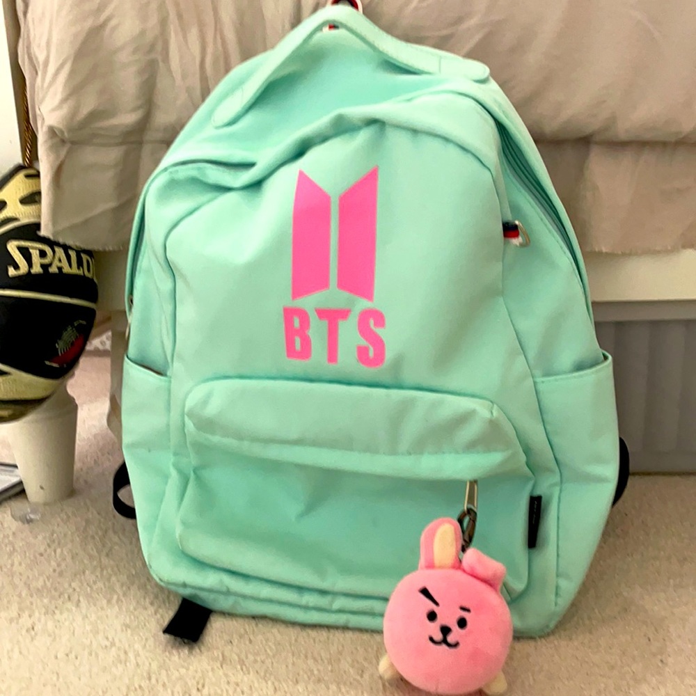 BTS backpack with cookie plushie keychain